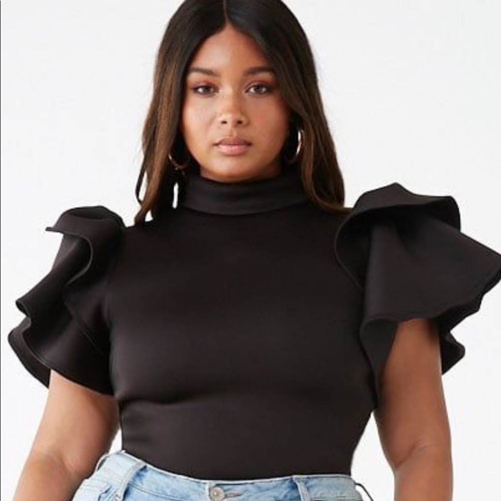 Women’s mock neck flounce sleeve top, Black N/W/T